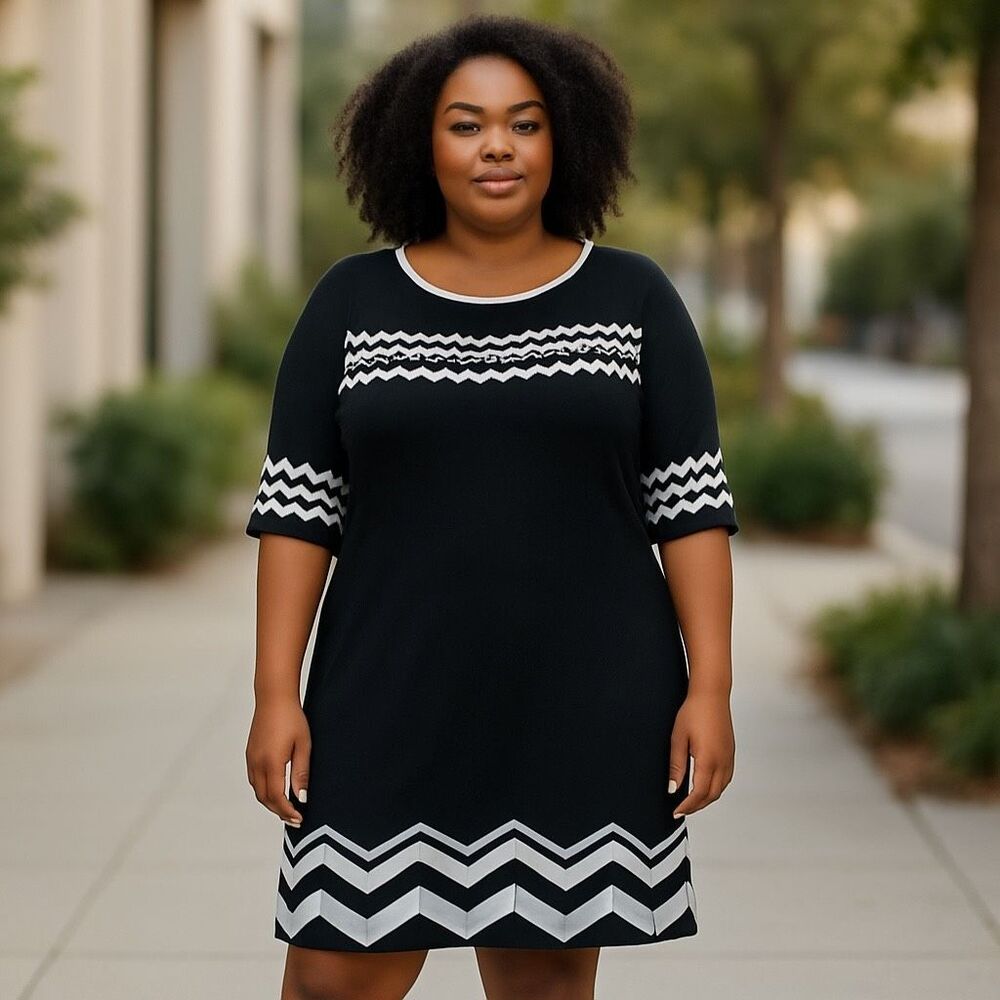 Vtg Sangria Knit Dress Women’s Large Black White Chevron Fit &Flare Knee Length